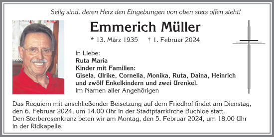 Traueranzeige von Emmerich Müller von Allgäuer Zeitung, Kaufbeuren/Buchloe
