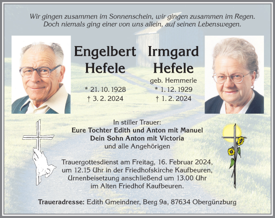 Traueranzeige von Engelbert Hefele von Allgäuer Zeitung, Kaufbeuren/Buchloe