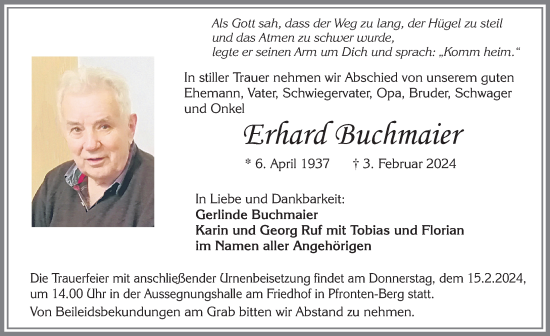 Traueranzeige von Erhard Buchmaier von Allgäuer Zeitung, Füssen