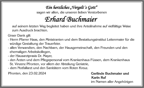 Traueranzeige von Erhard Buchmaier von Allgäuer Zeitung, Füssen