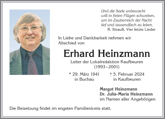 Traueranzeige von Erhard Heinzmann von Allgäuer Zeitung, Kaufbeuren/Buchloe