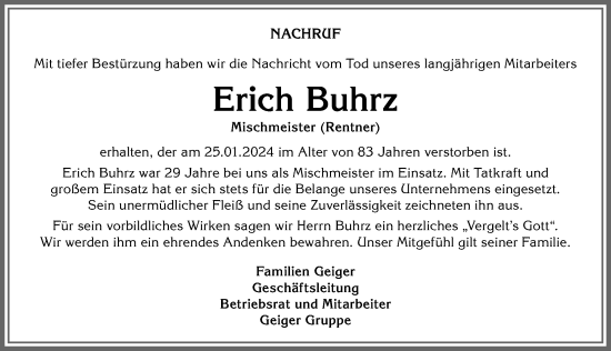 Traueranzeige von Erich Buhrz von Der Westallgäuer