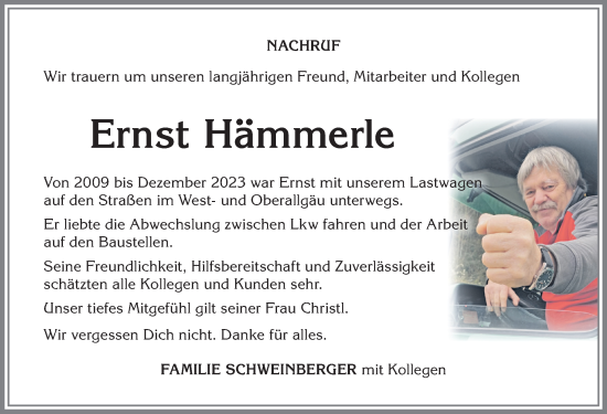 Traueranzeige von Ernst Hämmerle von Allgäuer Anzeigeblatt