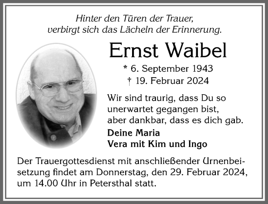 Traueranzeige von Ernst Waibel von Allgäuer Zeitung,Kempten