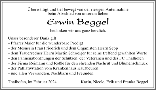 Traueranzeige von Erwin Beggel von Allgäuer Zeitung,Kempten