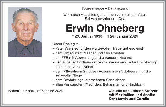 Traueranzeige von Erwin Ohneberg von Memminger Zeitung