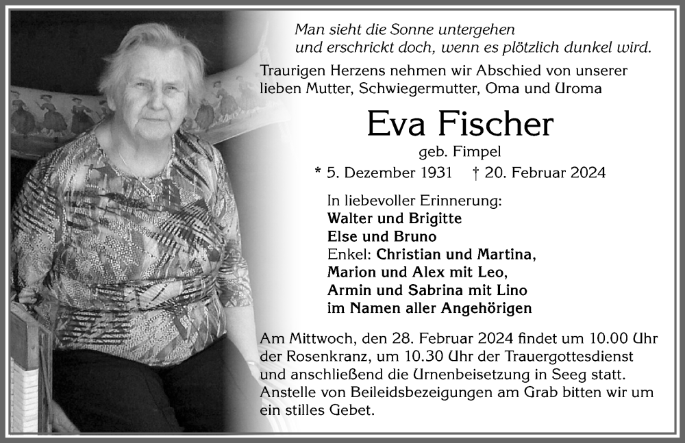  Traueranzeige für Eva Fischer vom 24.02.2024 aus Allgäuer Zeitung, Füssen