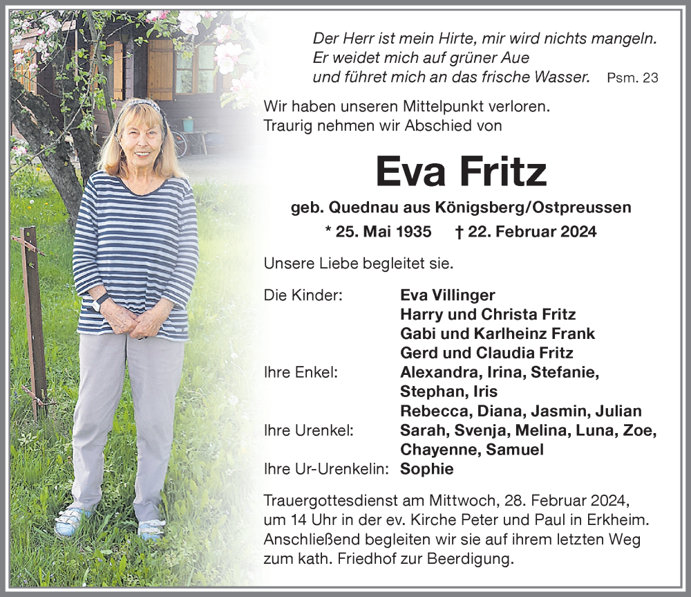  Traueranzeige für Eva Fritz vom 26.02.2024 aus Memminger Zeitung
