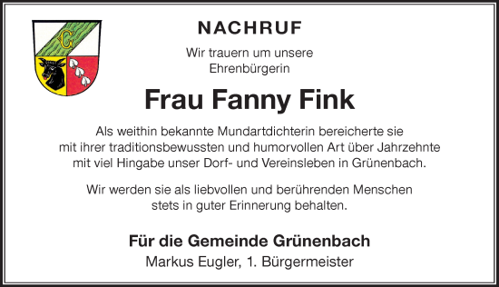 Traueranzeige von Fanny Fink von Der Westallgäuer