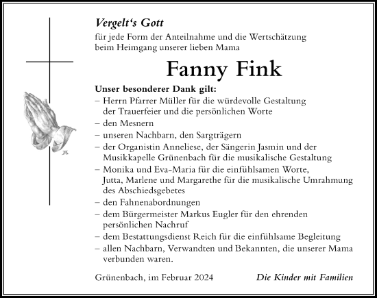 Traueranzeige von Fanny Fink von Der Westallgäuer