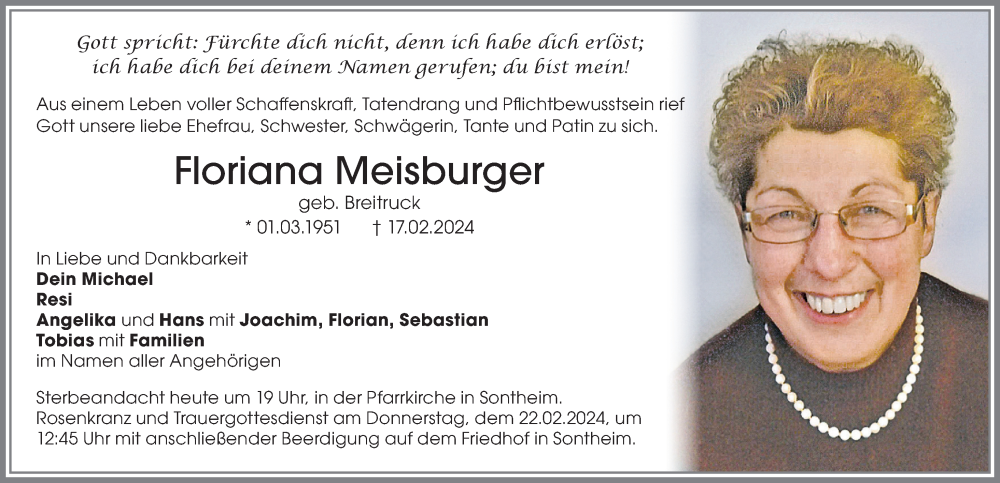  Traueranzeige für Floriana Meisburger vom 20.02.2024 aus Memminger Zeitung