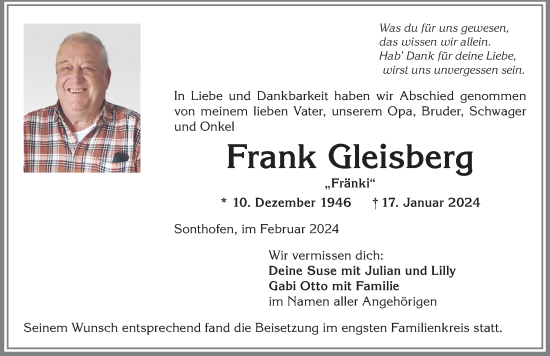 Traueranzeige von Frank Gleisberg von Allgäuer Anzeigeblatt