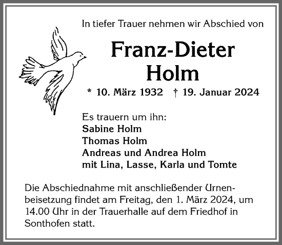 Traueranzeige von Franz-Dieter Holm von Allgäuer Anzeigeblatt