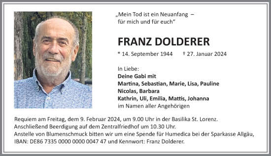 Traueranzeige von Franz Dolderer von Allgäuer Zeitung,Kempten