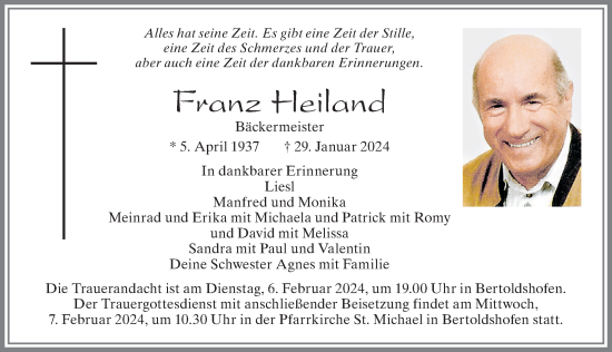 Traueranzeige von Franz Heiland von Allgäuer Zeitung, Marktoberdorf