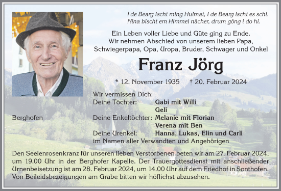 Traueranzeige von Franz Jörg von Allgäuer Anzeigeblatt
