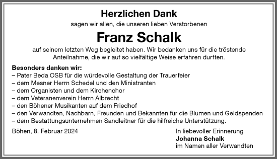 Traueranzeige von Franz Schalk von Memminger Zeitung