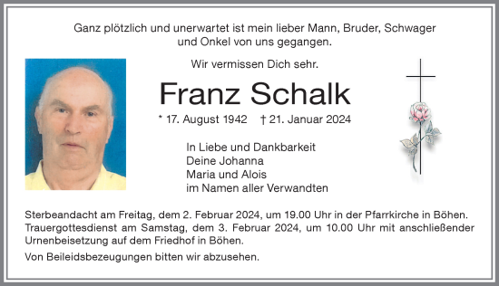 Traueranzeige von Franz Schalk von Memminger Zeitung