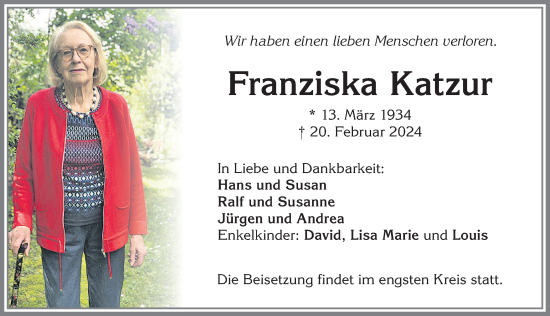 Traueranzeige von Franziska Katzur von Allgäuer Zeitung, Kaufbeuren/Buchloe