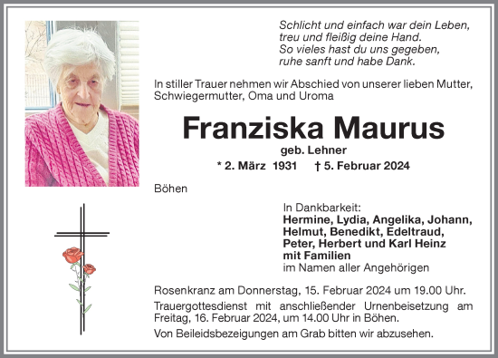 Traueranzeige von Franziska Maurus von Memminger Zeitung
