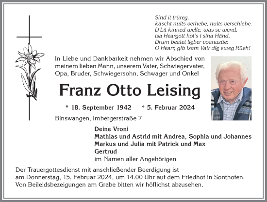 Traueranzeige von Franz Otto Leising von Allgäuer Anzeigeblatt