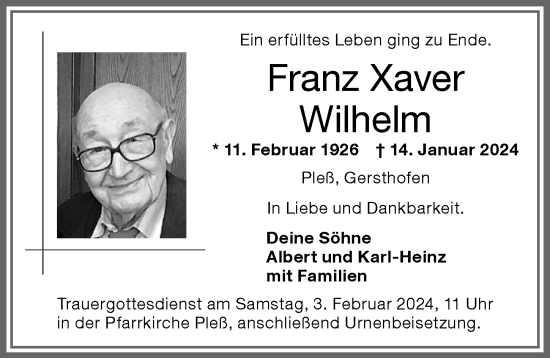 Traueranzeige von Franz Xaver Wilhelm von Memminger Zeitung