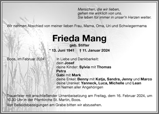Traueranzeige von Frieda Mang von Memminger Zeitung