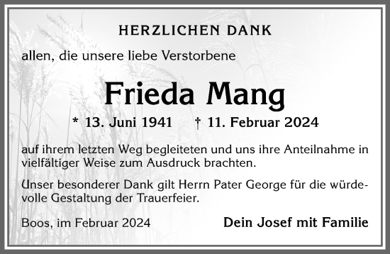 Traueranzeige von Frieda Mang von Memminger Zeitung