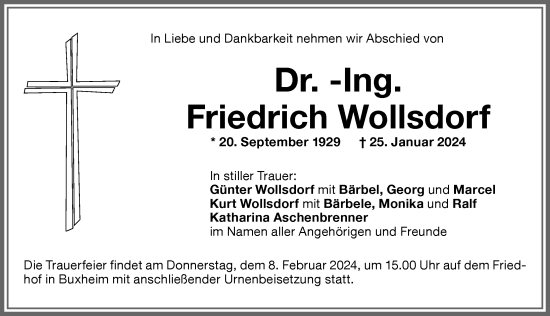Traueranzeige von Friedrich Wollsdorf von Memminger Zeitung