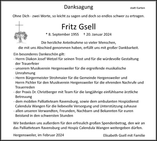 Traueranzeige von Fritz Gsell von Der Westallgäuer