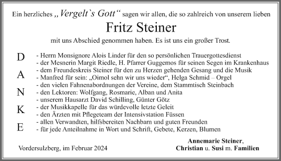 Traueranzeige von Fritz Steiner von Allgäuer Zeitung, Füssen