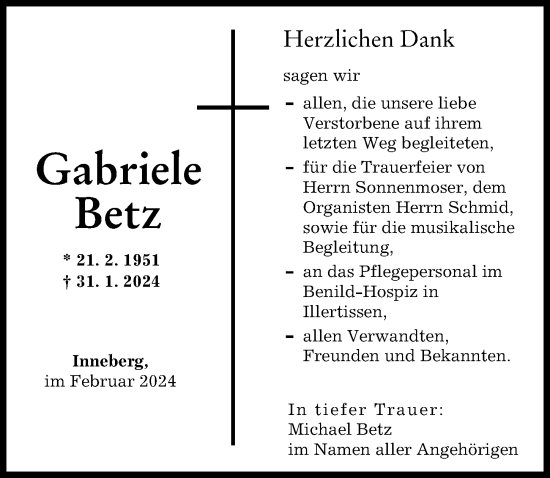 Traueranzeige von Gabriele Betz von Memminger Zeitung