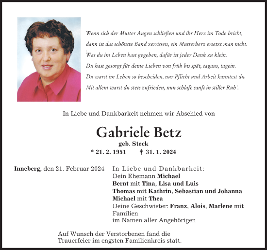 Traueranzeige von Gabriele Betz von Memminger Zeitung