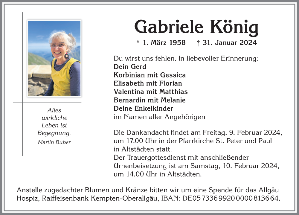  Traueranzeige für Gabriele König vom 07.02.2024 aus Allgäuer Anzeigeblatt