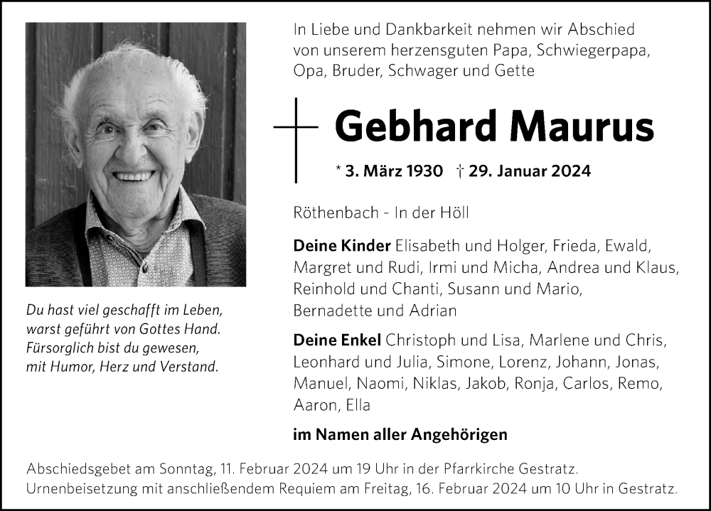  Traueranzeige für Gebhard Maurus vom 03.02.2024 aus Der Westallgäuer