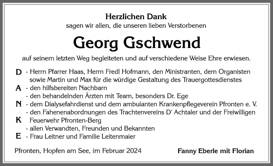 Traueranzeige von Georg Gschwend von Allgäuer Zeitung, Füssen