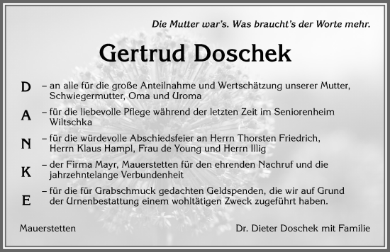 Traueranzeige von Gertrud Doschek von Allgäuer Zeitung, Kaufbeuren/Buchloe