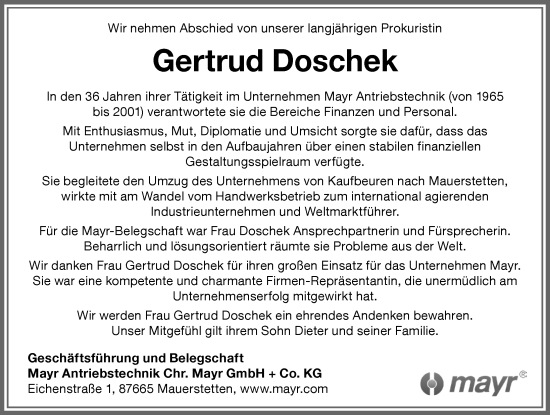 Traueranzeige von Gertrud Doschek von Allgäuer Zeitung, Kaufbeuren/Buchloe