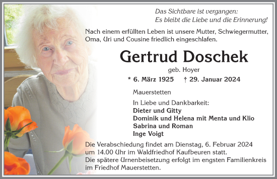 Traueranzeige von Gertrud Doschek von Allgäuer Zeitung, Kaufbeuren/Buchloe