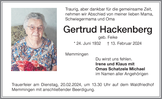 Traueranzeige von Gertrud Hackenberg von Memminger Zeitung