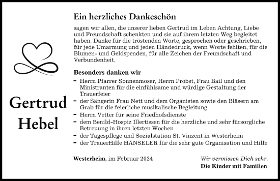 Traueranzeige von Gertrud Hebel von Memminger Zeitung