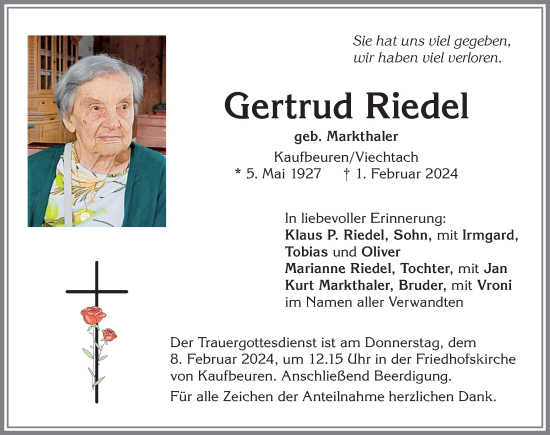 Traueranzeige von Gertrud Riedel von Allgäuer Zeitung, Kaufbeuren/Buchloe