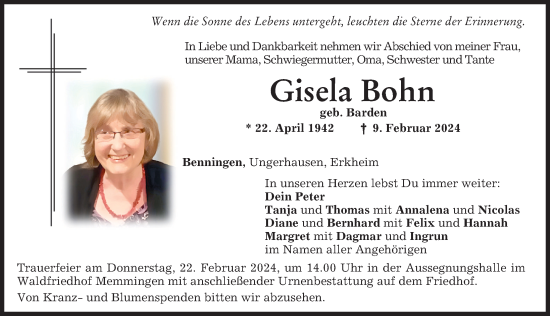 Traueranzeige von Gisela Bohn von Memminger Zeitung