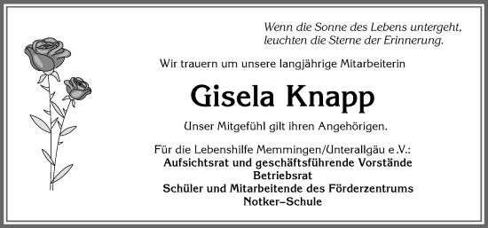 Traueranzeige von Gisela Knapp von Memminger Zeitung