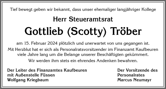 Traueranzeige von Gottlieb Tröber von Allgäuer Zeitung, Kaufbeuren/Buchloe
