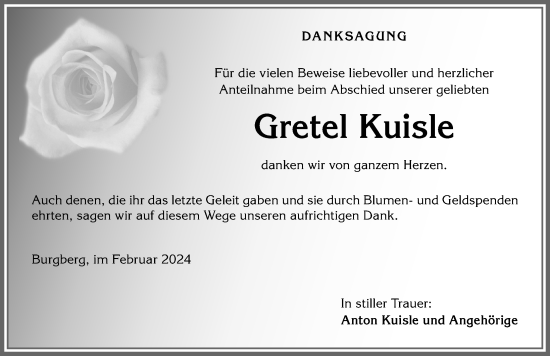 Traueranzeige von Gretel Kuisle von Allgäuer Anzeigeblatt