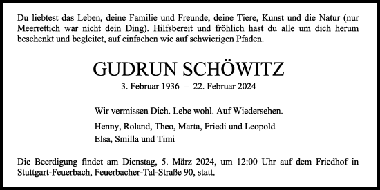 Traueranzeige von Gudrun Schöwitz von Allgäuer Anzeigeblatt