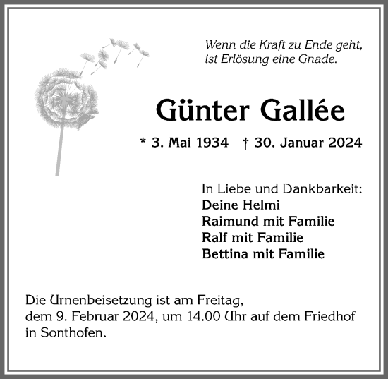 Traueranzeige von Günter Gallee von Allgäuer Anzeigeblatt