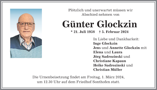 Traueranzeige von Günter Glockzin von Allgäuer Anzeigeblatt