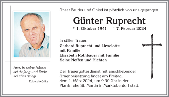 Traueranzeige von Günter Ruprecht von Allgäuer Zeitung, Marktoberdorf